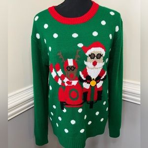 V28 Ugly Christmas sweater Santa and Rudolph motorcycle Womens size medium